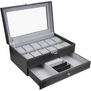 Leather Watch Box 12 Mens Watch Organizer with Jewelry Display Drawer Lockable